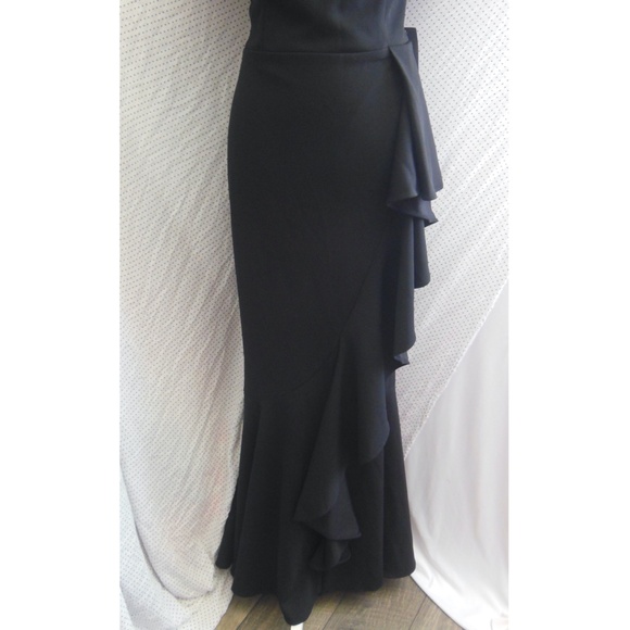 NEW Betsy & Adam BLACK Carina OFF THE SHOULDER Crepe RUFFLE Mermaid GOWN - Picture 7 of 13